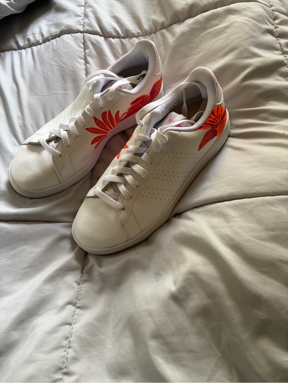 adidas White Sneakers with Orange Floral Embroidery